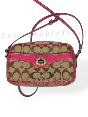 Coach Signature Turnlock Crossbody Camera Bag Jacquard Canvas & Pink Leather Y2K